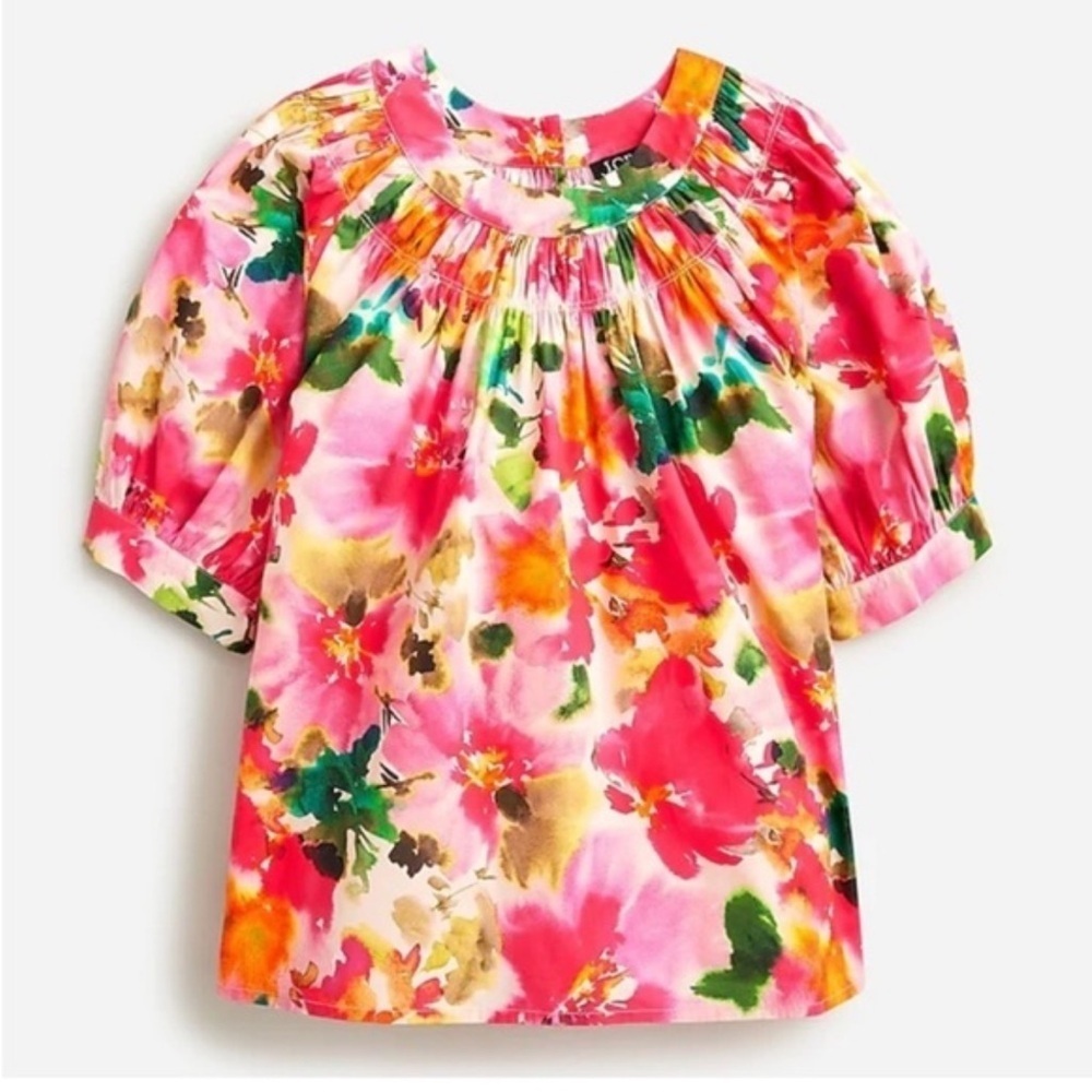 J Crew Smockneck Puffsleeve Top In Floral Cotton Poplin Blouse Shirt Large